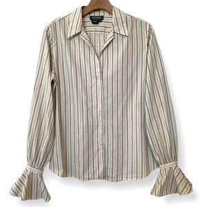 LAUREN By RALPH LAUREN Cotton Stripe Button Up Long Sleeve Flounce Shirt Top